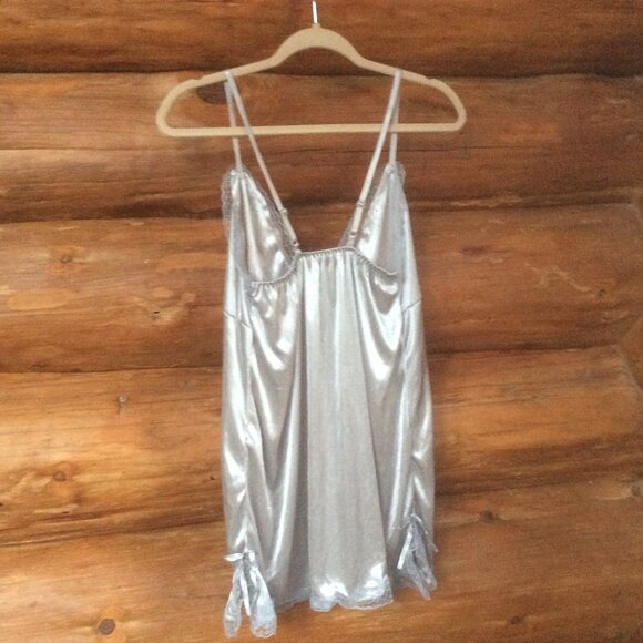 Babydoll Silver Metallic Y2K Fairycore Satin Coquette Shimmer Slip Dress Medium - Picture 2 of 3